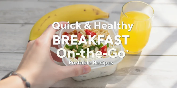 Portable breakfast recipes including burritos, overnight oats, granola bars and fruit packs on table