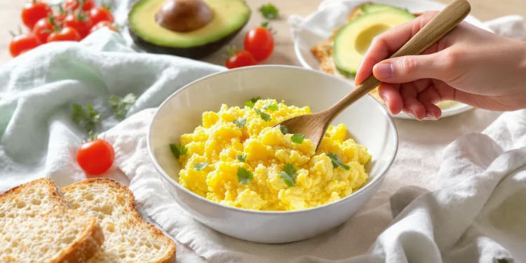 Healthy egg breakfast plate with scrambled eggs, avocado, whole grain toast, and tomatoes