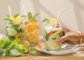 Colorful breakfast smoothies in glass jars with fresh fruits and straws for busy mornings