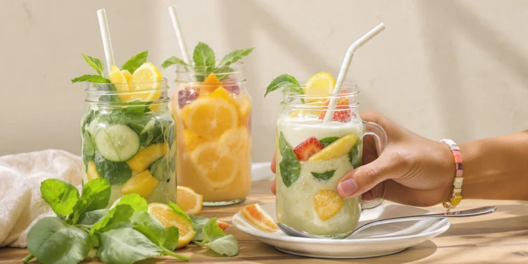 Colorful breakfast smoothies in glass jars with fresh fruits and straws for busy mornings
