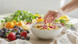 Quick vegan breakfast recipes with oats, avocado toast, smoothie bowl, chia pudding and pancakes on wooden table