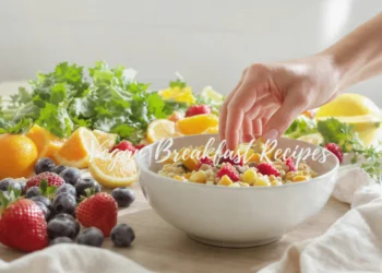 Quick vegan breakfast recipes with oats, avocado toast, smoothie bowl, chia pudding and pancakes on wooden table