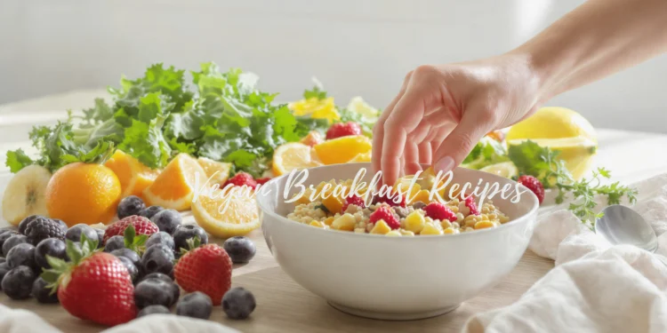 Quick vegan breakfast recipes with oats, avocado toast, smoothie bowl, chia pudding and pancakes on wooden table