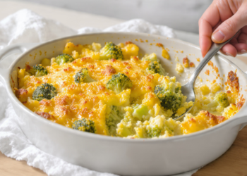 Broccoli and cheese casserole, quick vegetarian dish with a creamy, melted topping.