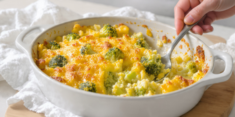 Broccoli and cheese casserole, quick vegetarian dish with a creamy, melted topping.