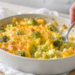 Broccoli and cheese casserole, quick vegetarian dish with a creamy, melted topping.