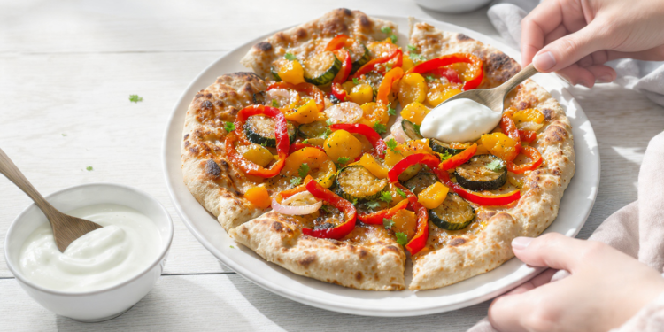 Vegetarian naan pizza with roasted vegetables and cheese, quick and easy flatbread meal.