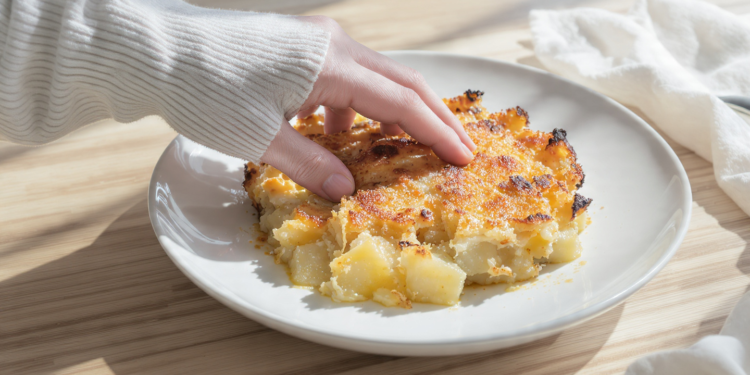 Potato and Gruyère gratin, creamy vegetarian bake with a golden, cheesy top.