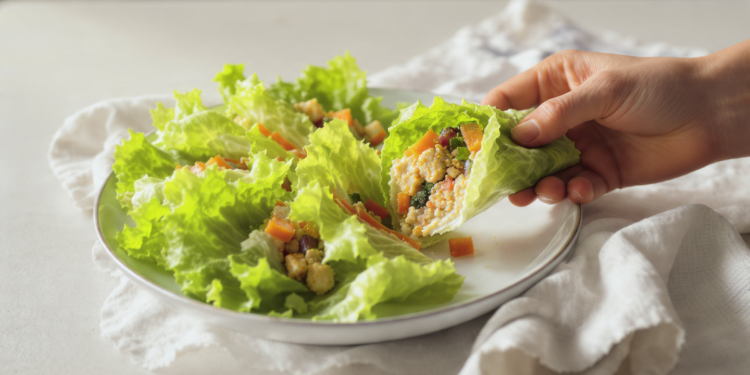 Vegetarian lettuce wraps with tofu and vegetables, fresh, light, and quick to prepare.