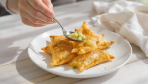 Potato and pea samosas, quick vegetarian pastries with a golden, crispy shell.