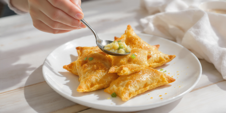 Potato and pea samosas, quick vegetarian pastries with a golden, crispy shell.