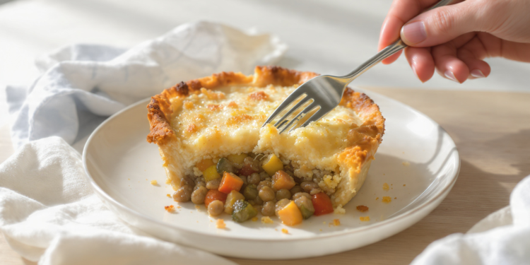 Vegetarian shepherd’s pie with lentils and vegetables, topped with mashed potatoes and baked until golden.