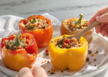 Vegetarian stuffed peppers with quinoa and vegetables, colorful, healthy, and quick to prepare.