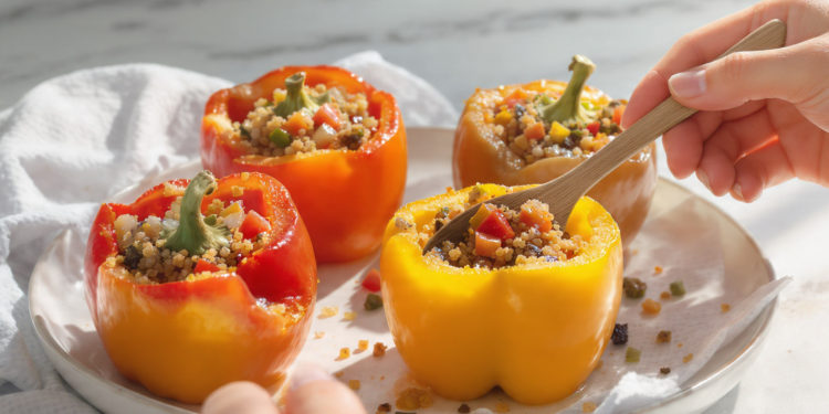 Vegetarian stuffed peppers with quinoa and vegetables, colorful, healthy, and quick to prepare.