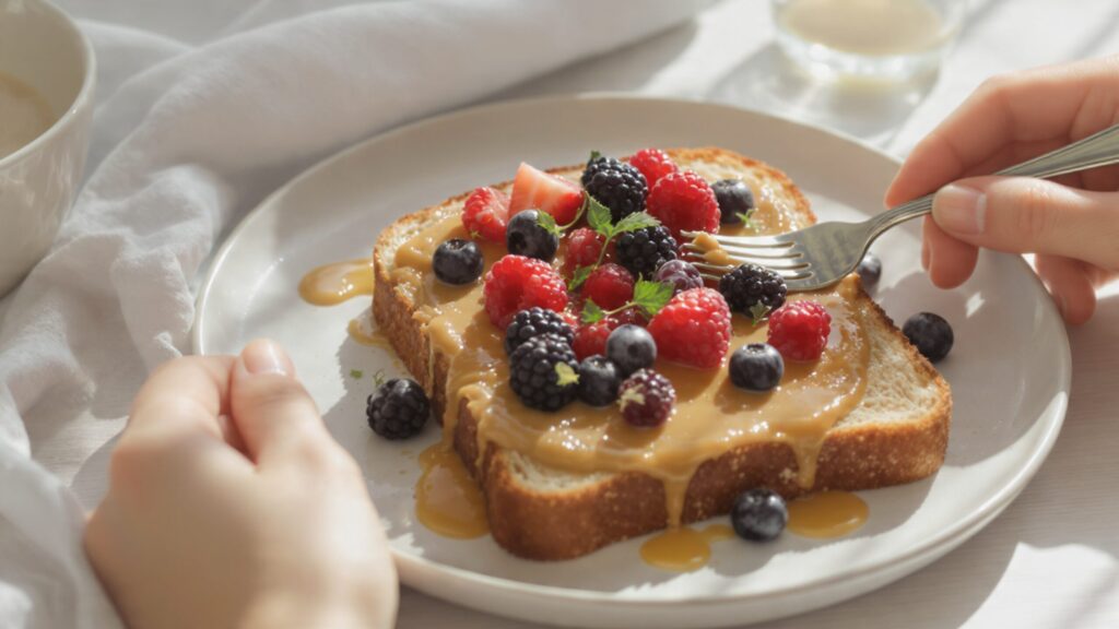 Toast with almond butter, fresh berries, and honey - quick healthy breakfast recipe