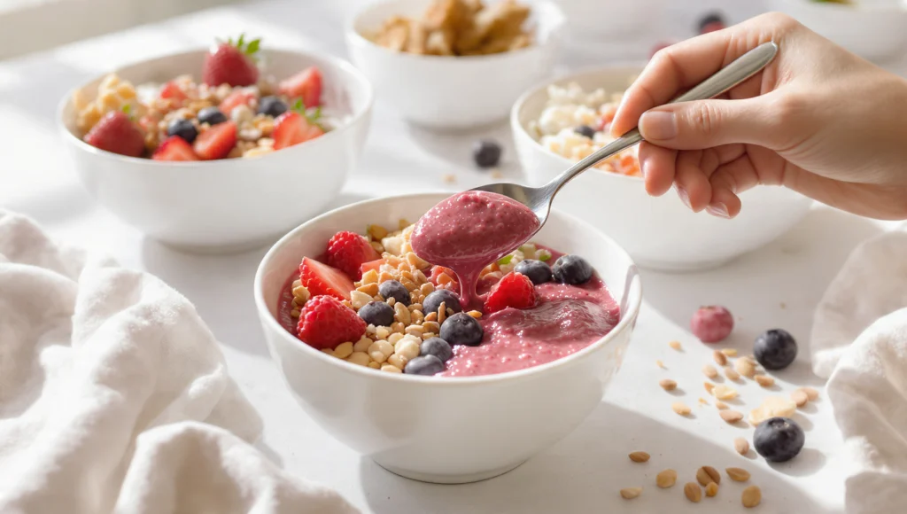 Smoothie bowls with granola, fresh berries, coconut and chia seeds, colorful healthy breakfast