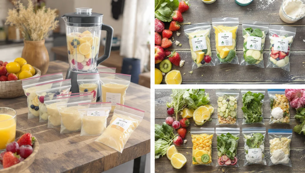 "Freezer smoothie packs with pre-portioned fruits and greens in bags, quick breakfast meal prep