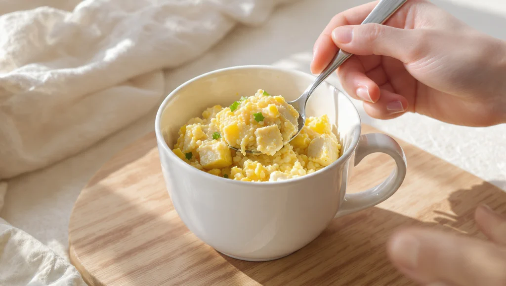 Microwave tofu scramble in ceramic mug with vegetables and herbs, quick 5-minute vegan breakfast