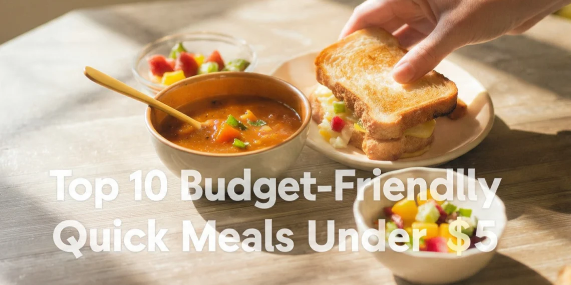 Top budget-friendly quick meals under $5 featuring simple dishes with rice, vegetables, pasta, and affordable proteins.