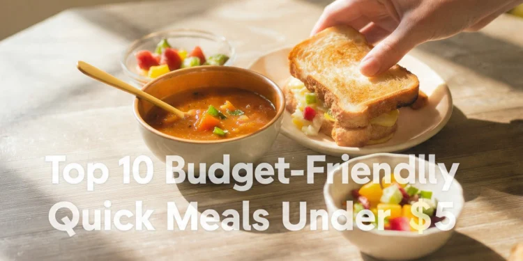 Top budget-friendly quick meals under $5 featuring simple dishes with rice, vegetables, pasta, and affordable proteins.