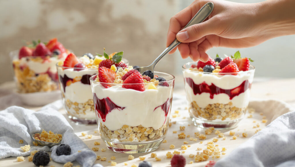 Yogurt parfaits with layers of granola, fresh berries and Greek yogurt in tall glasses