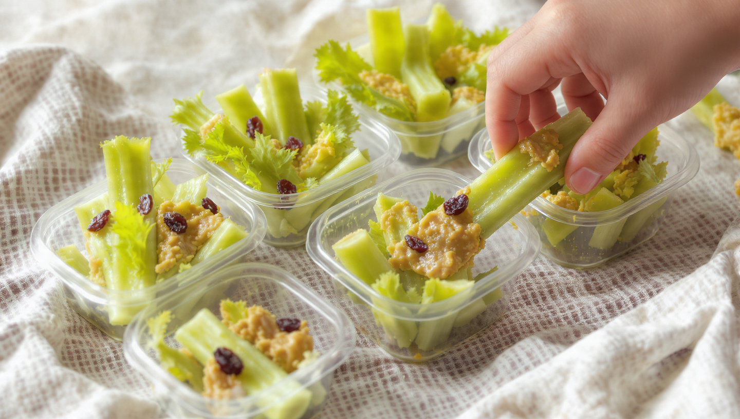 Ants on a log celery snacks lined up in a container