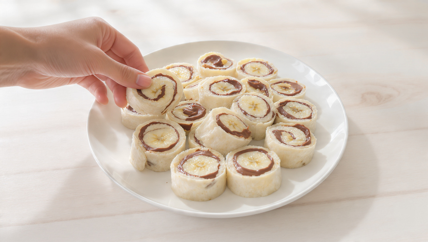 Banana Nutella pinwheel slices on a wooden board