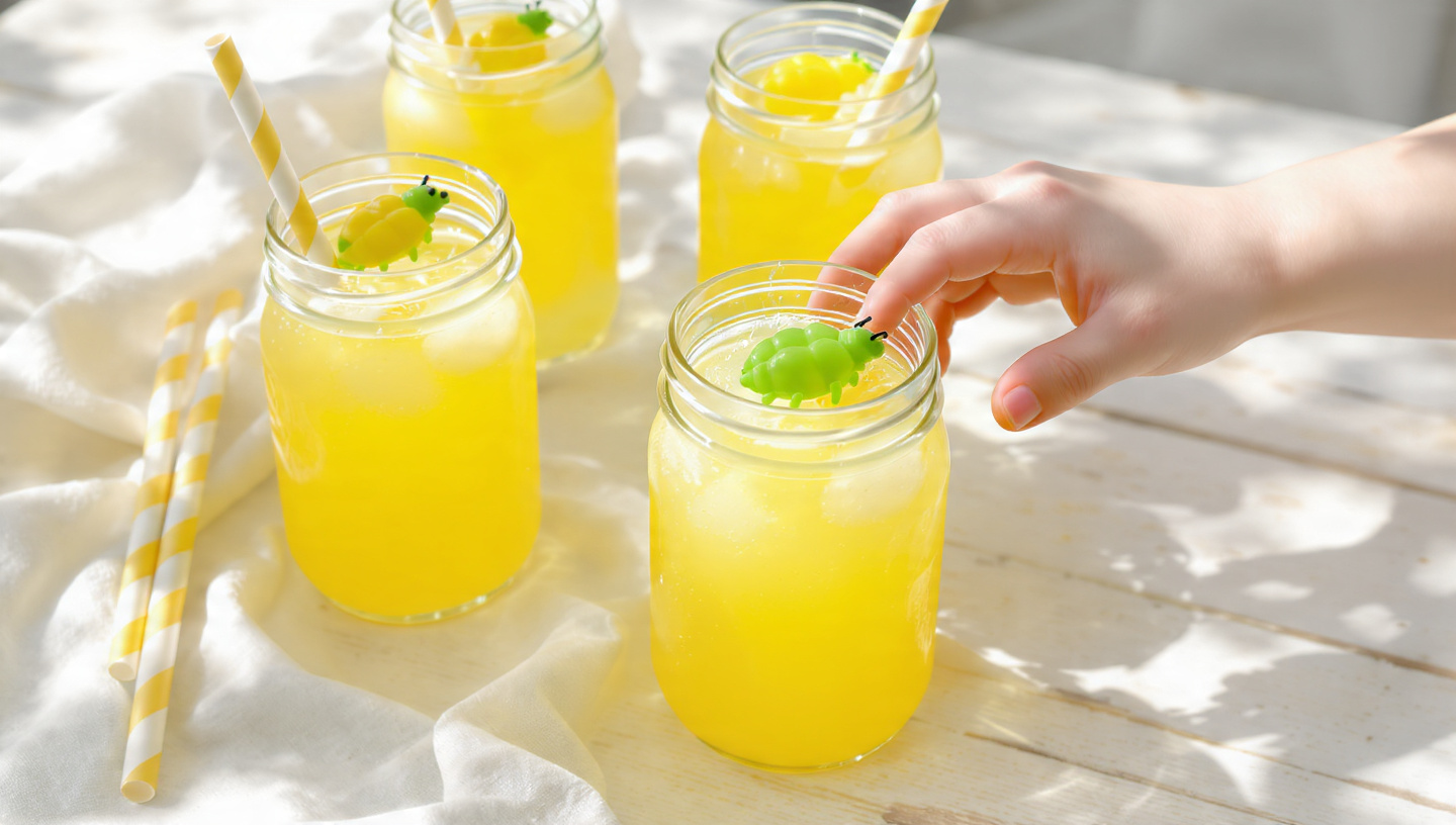 Colorful bug juice lemonade in mason jars with strawberries and straws
