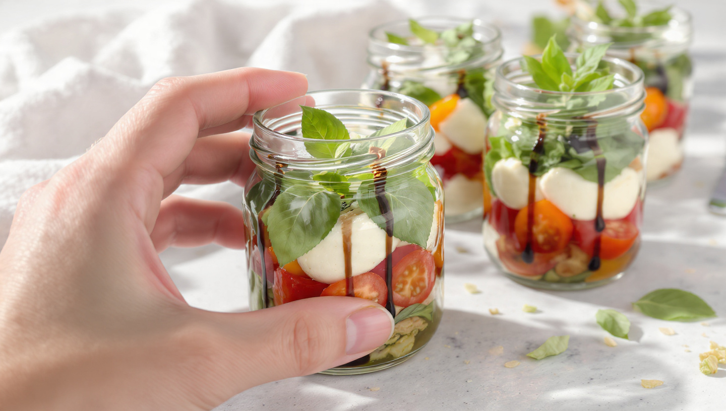 Caprese salad layered in two mason jars on a wooden surface