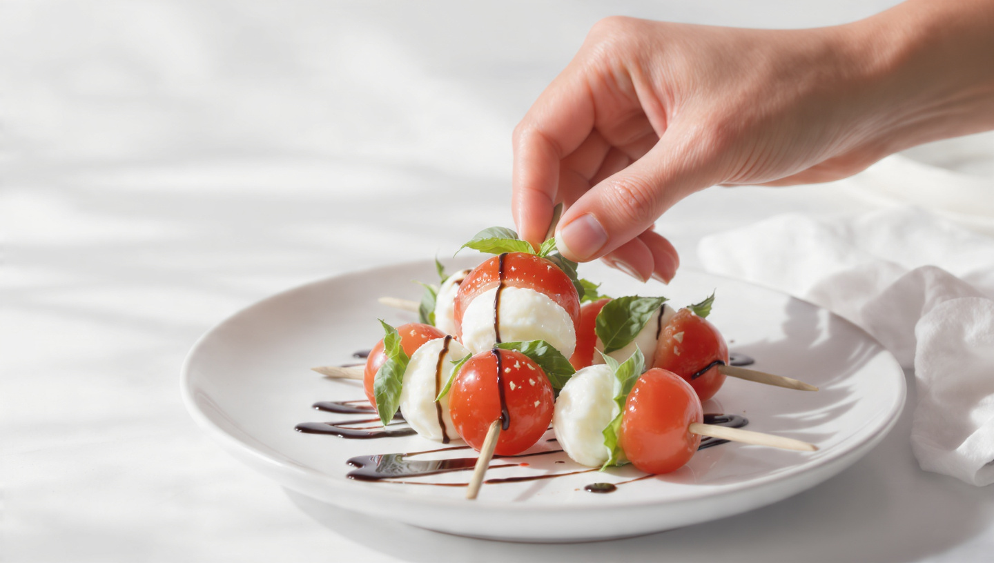 Colorful caprese skewers on a white platter