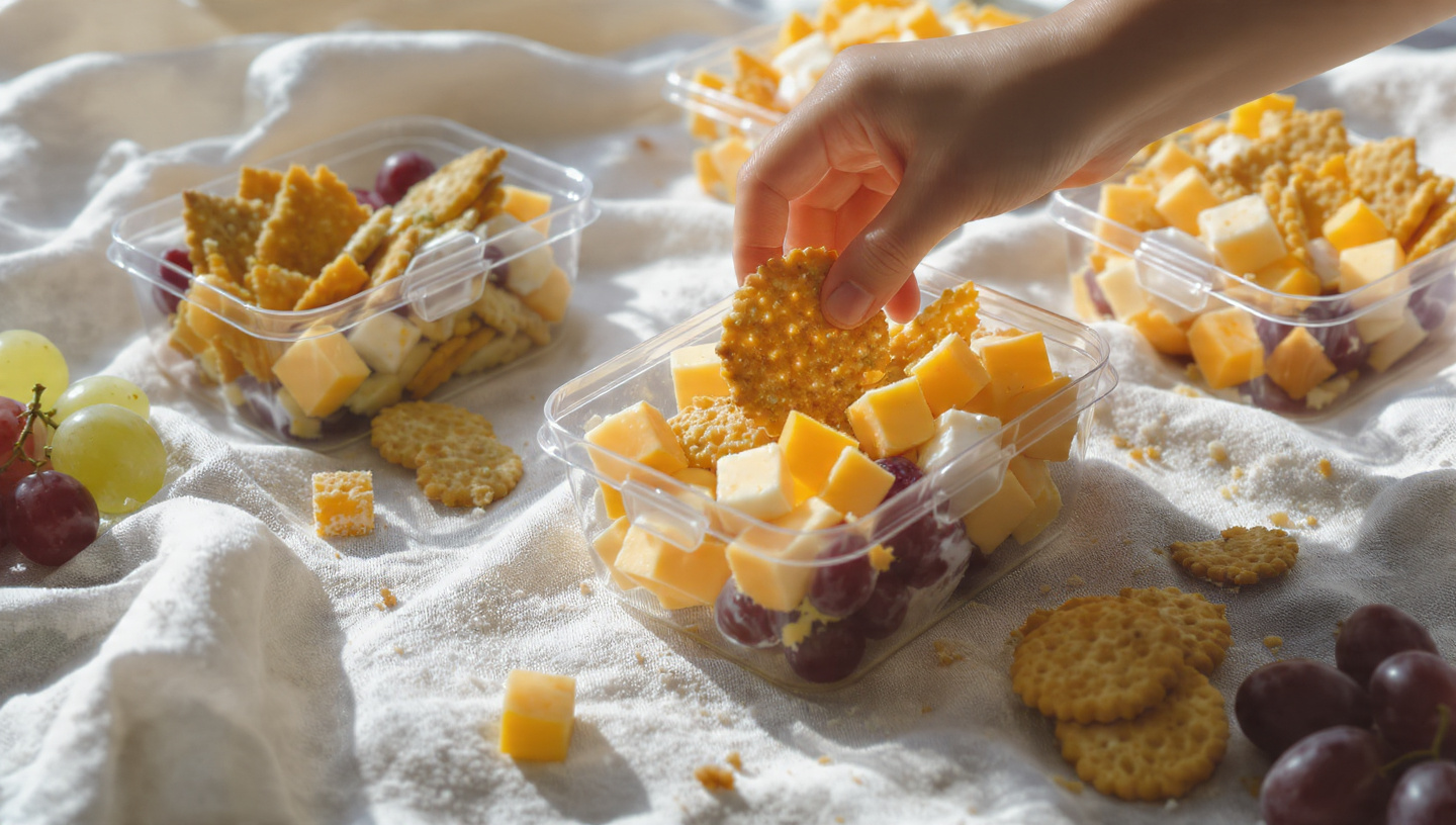 Homemade lunchable snack box with cheese crackers ham and grapes