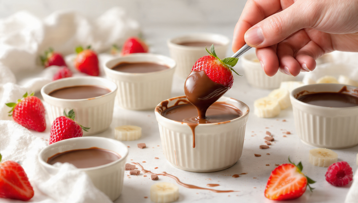 Dark chocolate dipping sauce in a jar with fresh strawberries and berries alongside