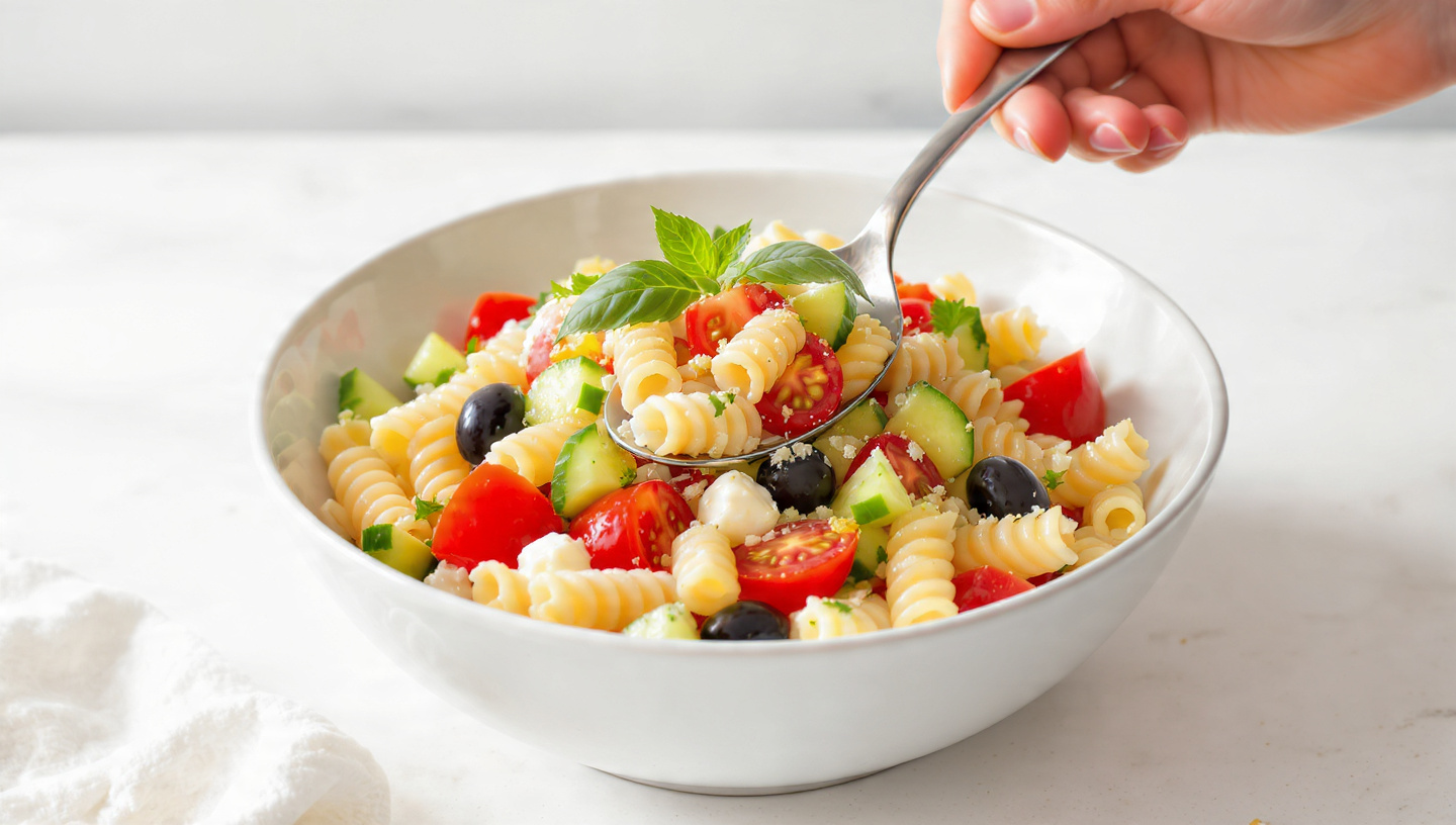 Colorful pasta salad in a large clear bowl