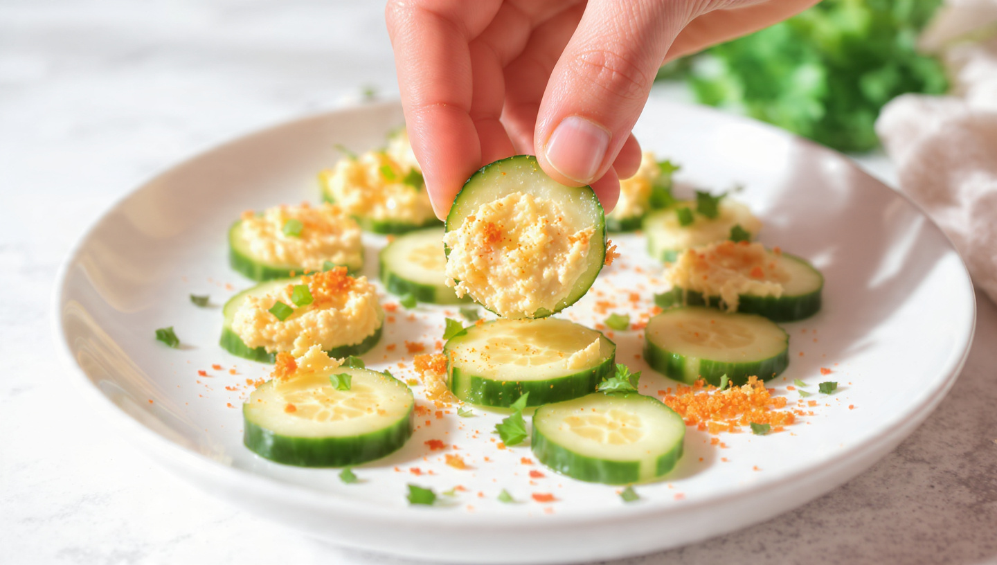 Cucumber hummus bites on a slate board, topped with paprika