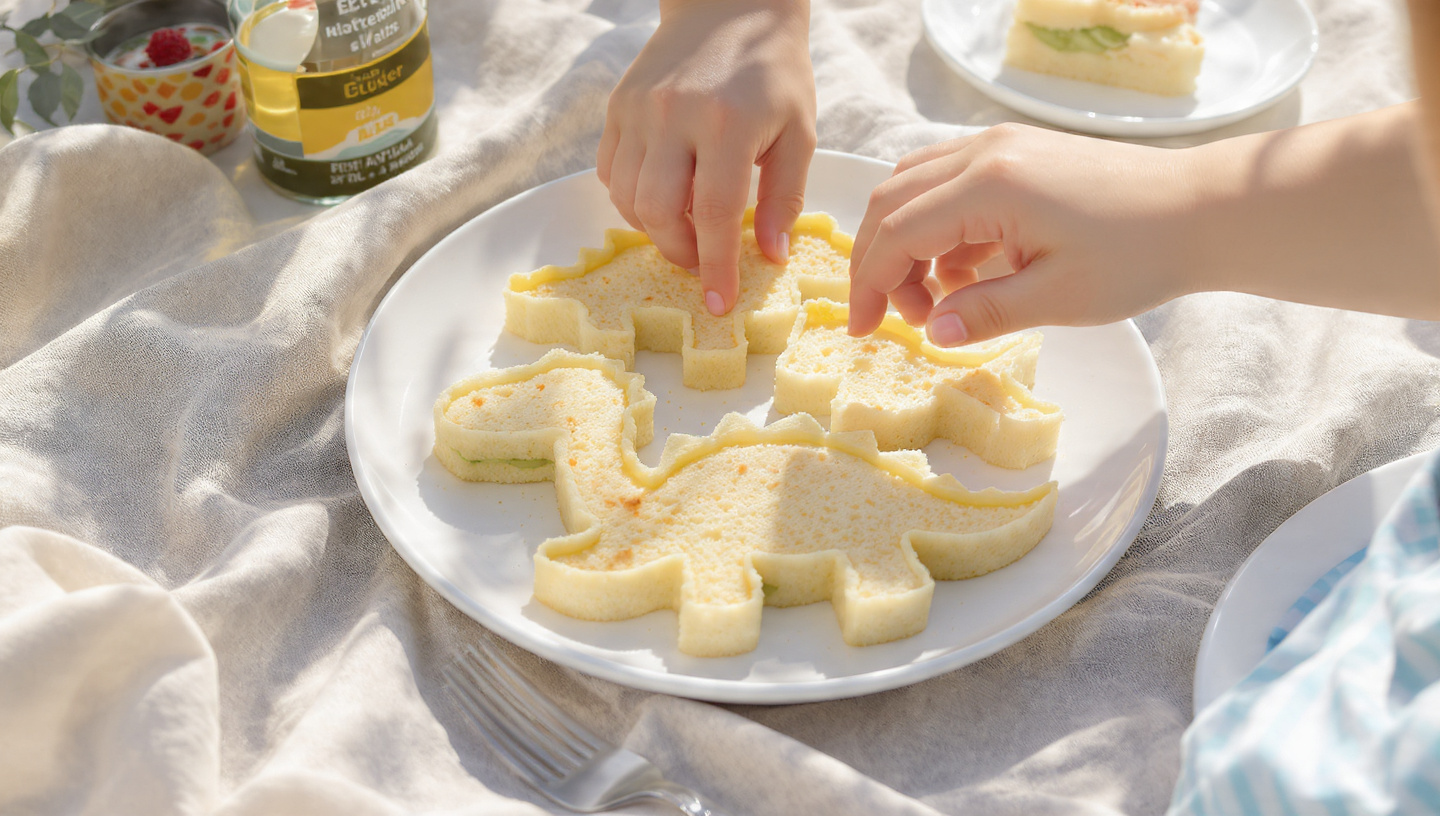 Dinosaur shaped sandwiches in a lunchbox container