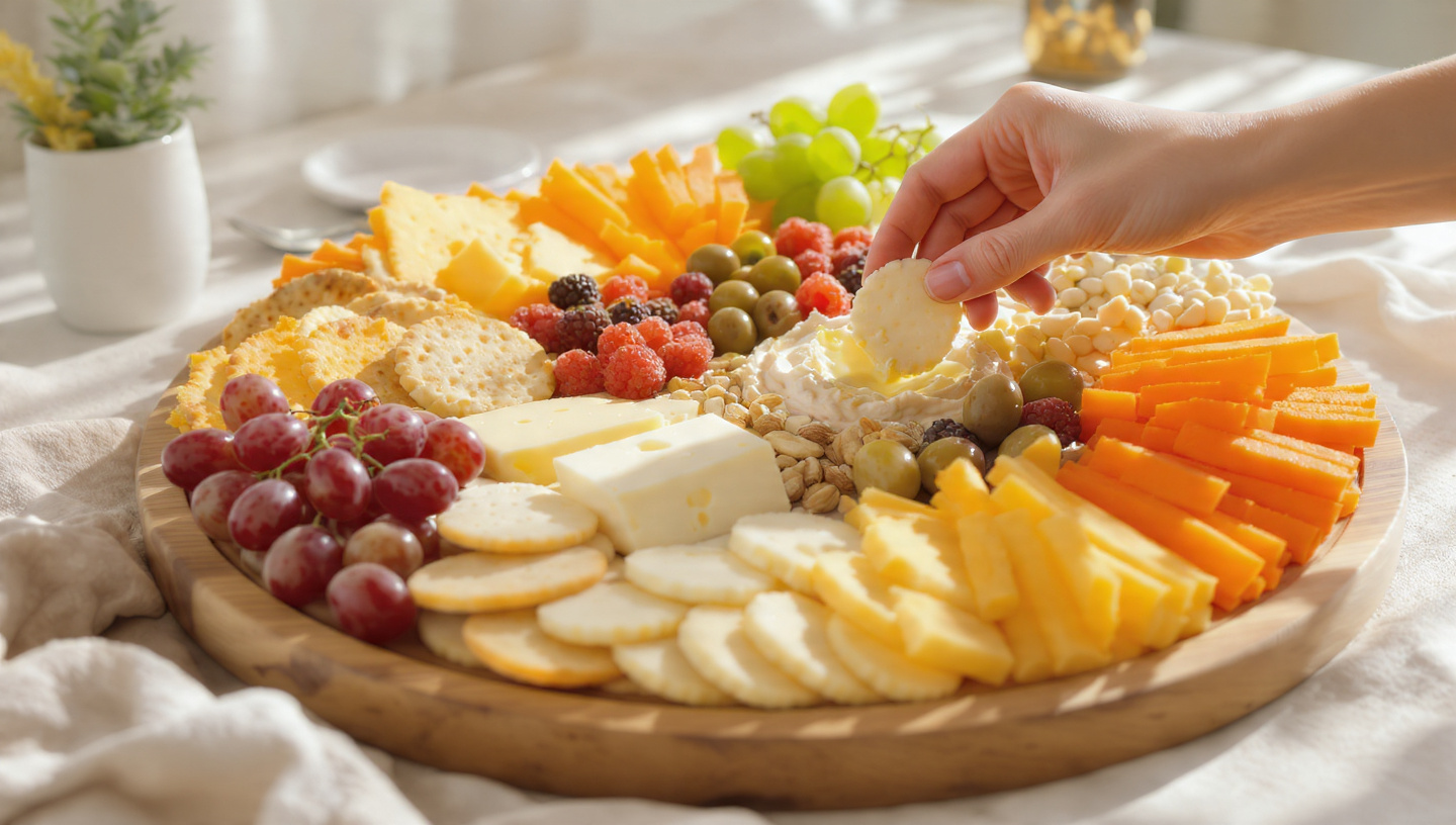 Rustic charcuterie-style snack board on a picnic blanket