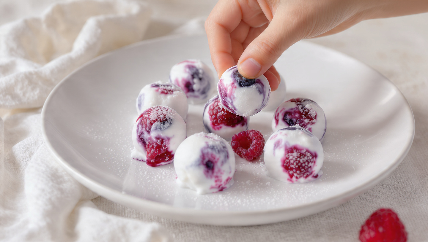 Frozen yogurt berry bites in mini muffin liners on a tray