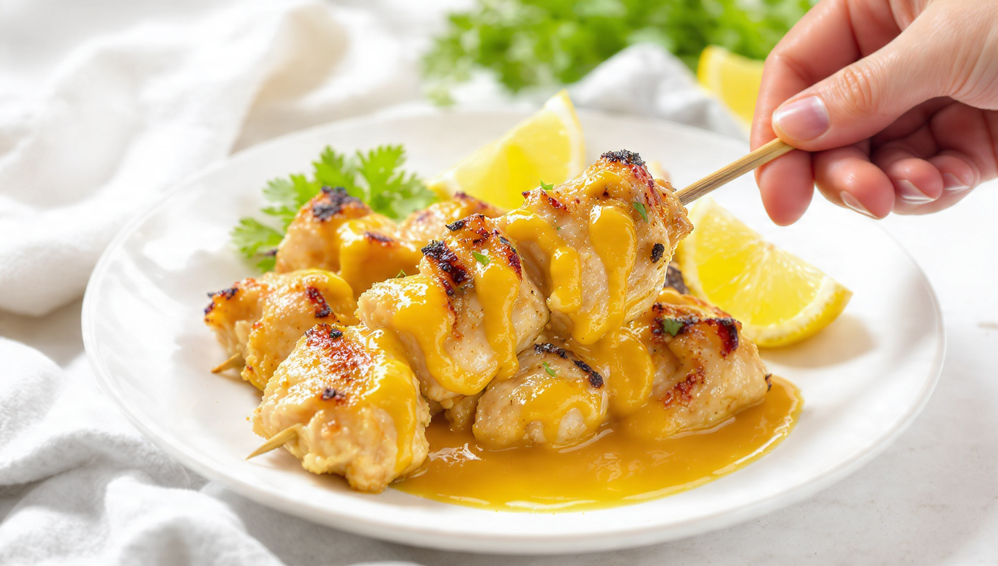 Honey mustard chicken skewers on a checkered napkin