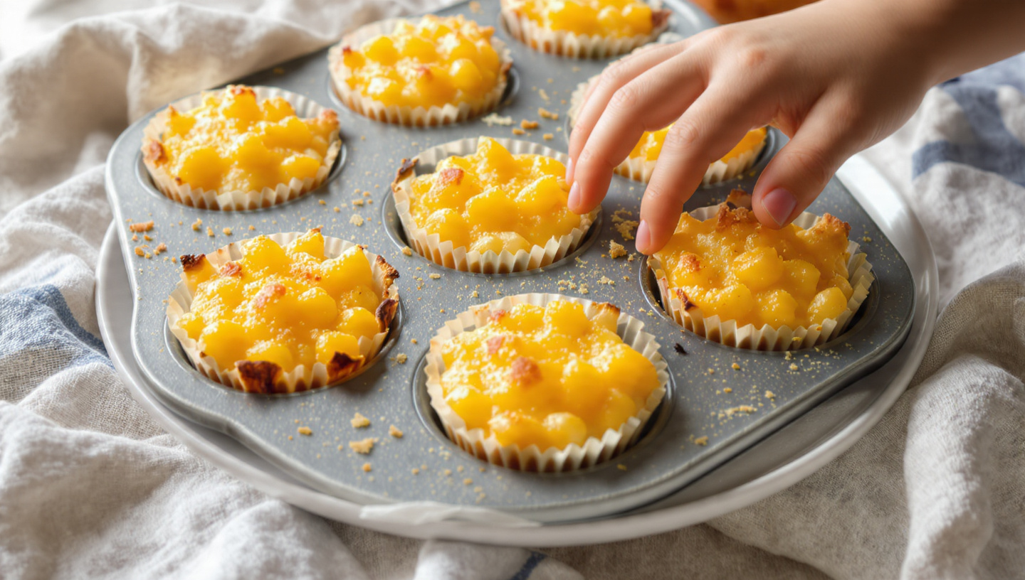 Golden mac and cheese muffin cups on a cooling rack