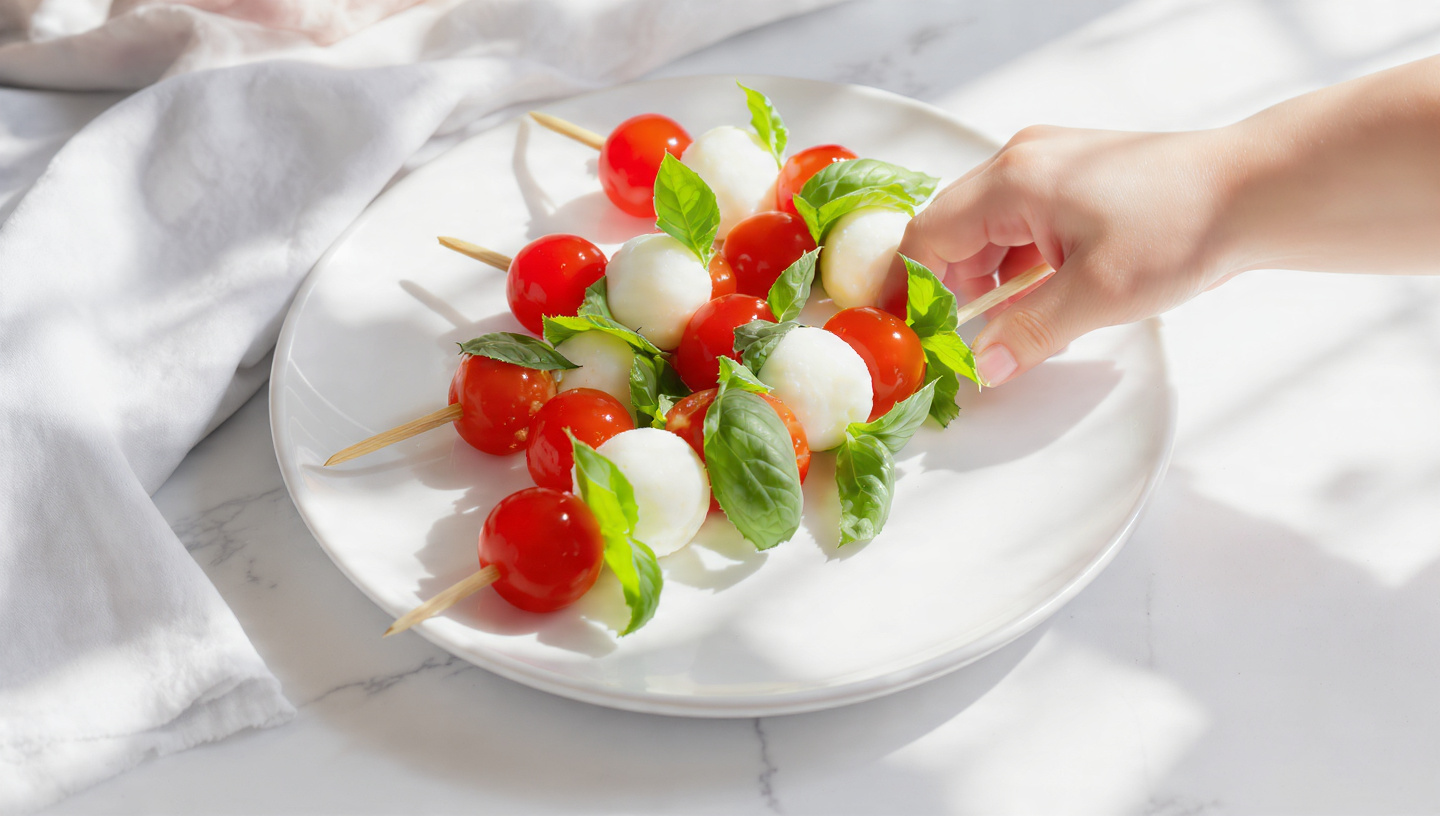 Mini caprese skewers with tomato basil and mozzarella on toothpicks