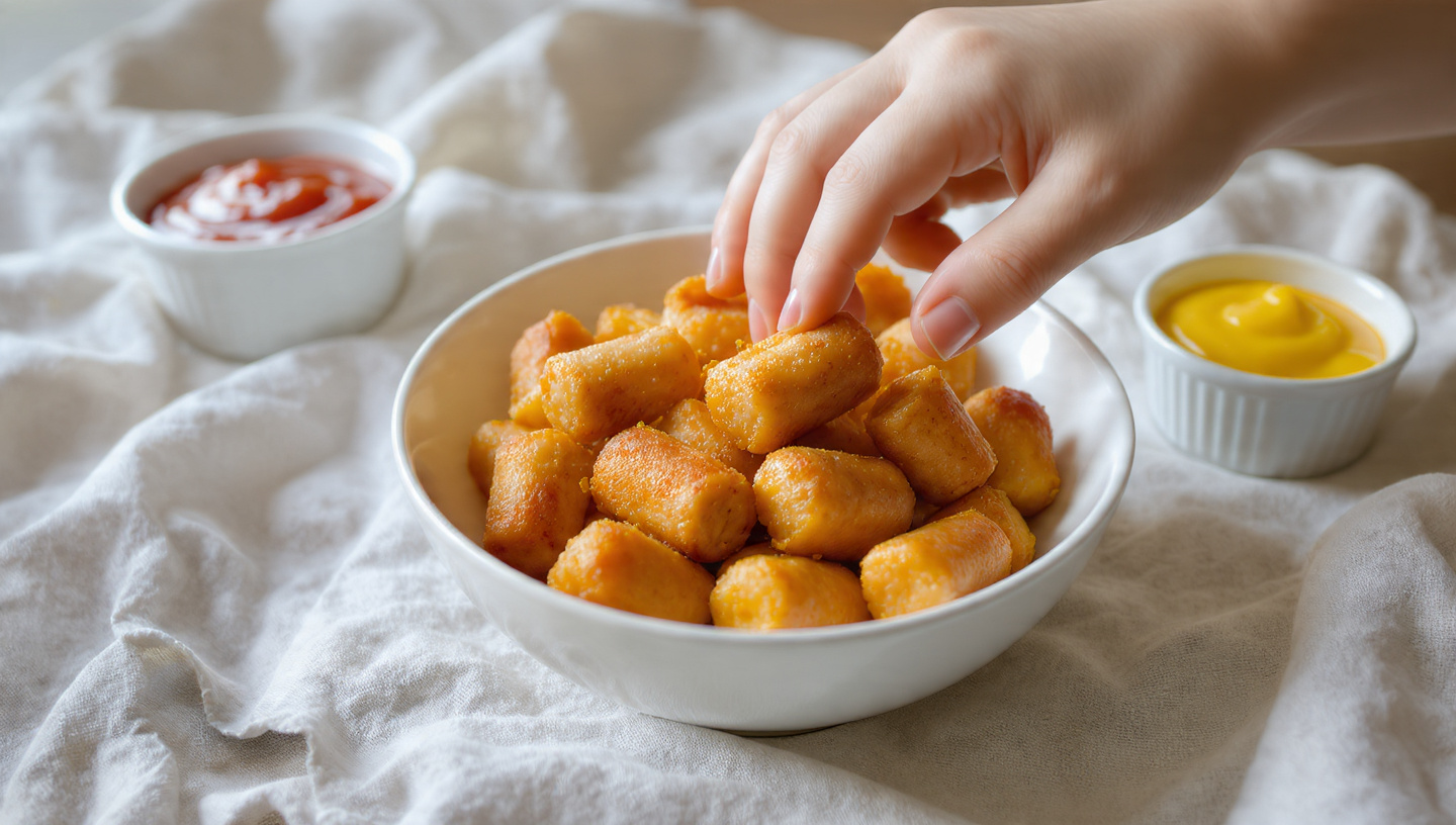 Mini corn dog bites in a container with ketchup dipping cup