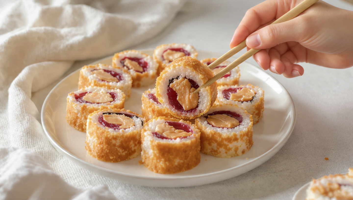 PB and J sushi rolls sliced into rounds on parchment paper