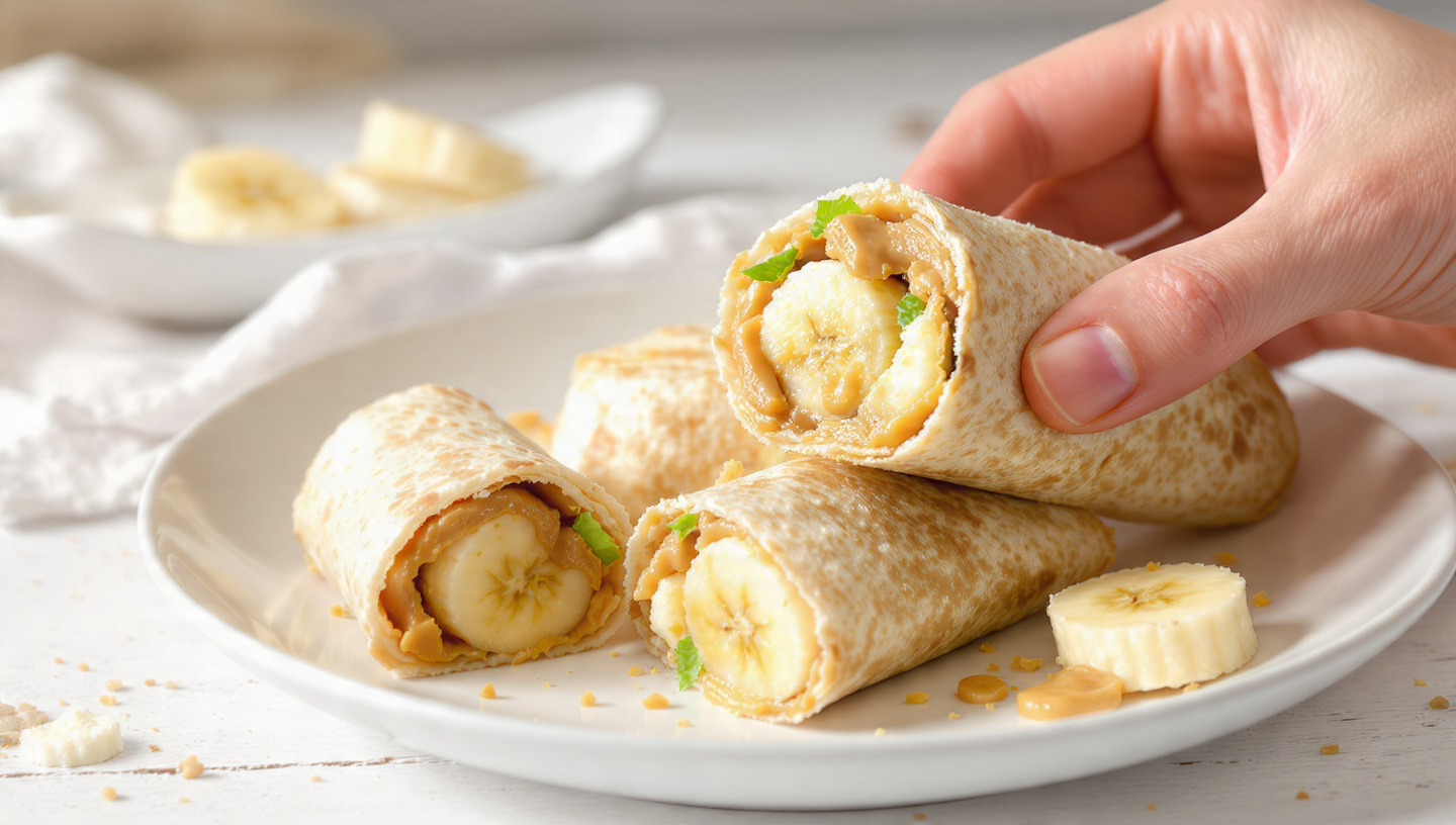 PB banana wraps sliced diagonally on parchment paper