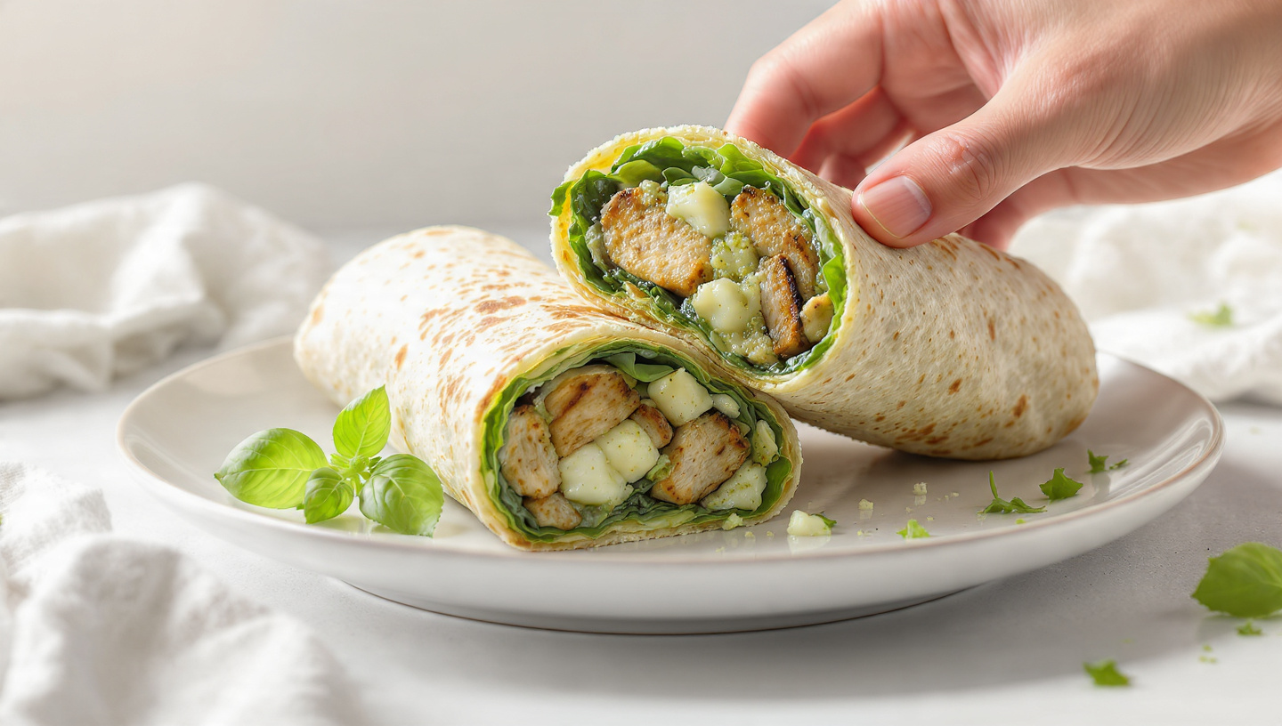 Pesto chicken wrap sliced diagonally on parchment paper