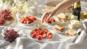 Easy picnic food ideas for two with romantic finger foods, fresh fruit, cheese, and quick snacks on a blanket outdoors.