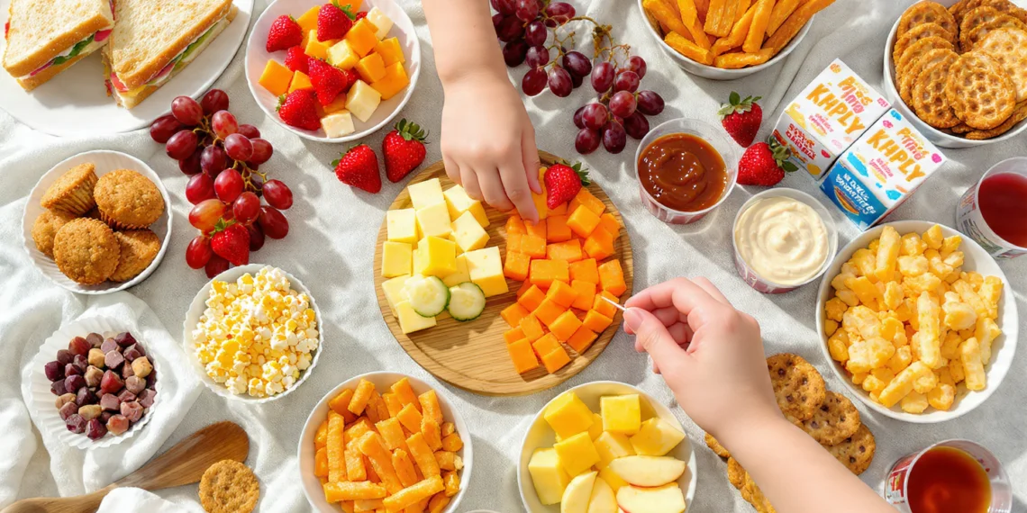 Simple picnic food ideas for kids including sandwiches, fruit, and finger foods on a checkered blanket