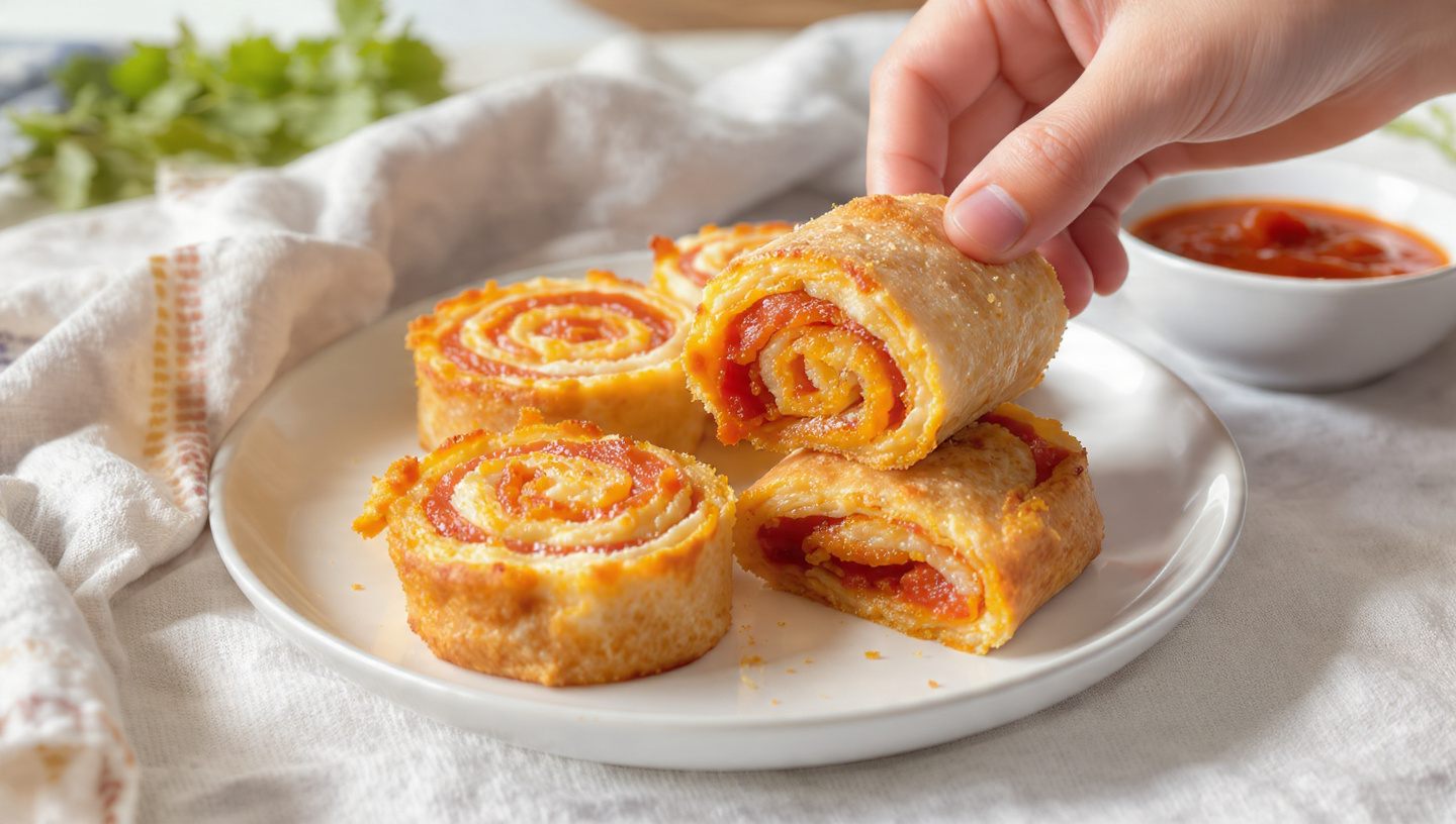 Pizza pinwheel slices arranged on a colorful plate