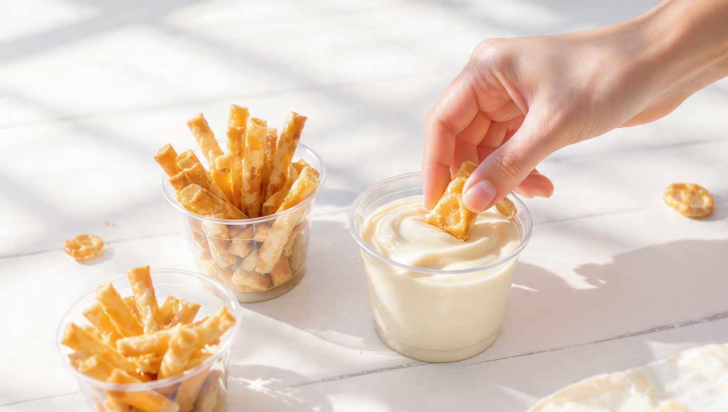 Mini pretzels with honey cream cheese dip in small cups