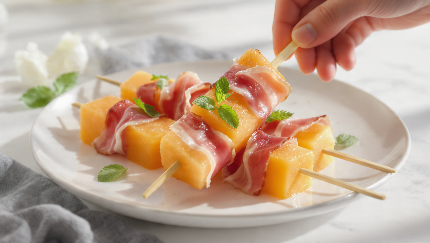 Prosciutto and melon skewers with mint on a white plate