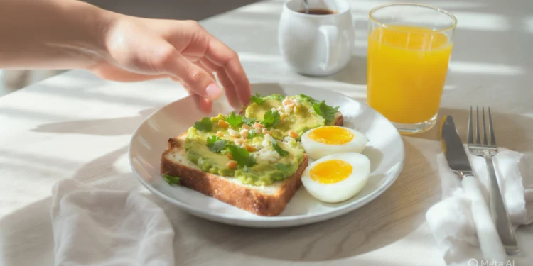 Quick healthy breakfast for energy boost with fruits, eggs, and whole grains on a bright kitchen table